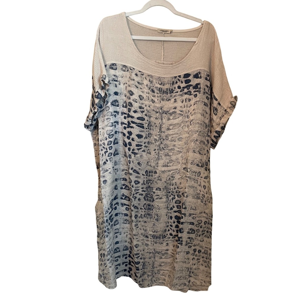 Lungo LArno Womens 3X Linen Abstract Animal Tan Navy Shift Dress Made in Italy
